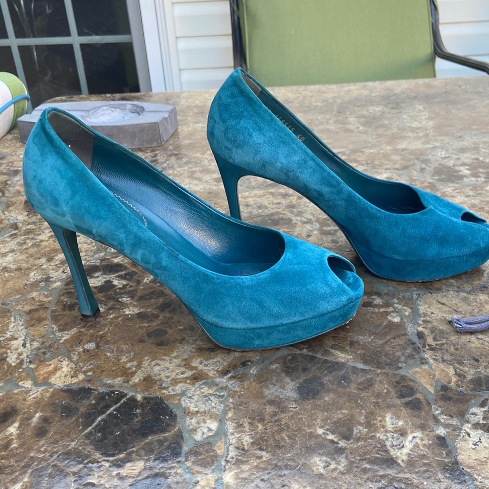 YSL Paris Teal Suede Peep Toe Platform Stilettos Sz 40 USA 9-9,5